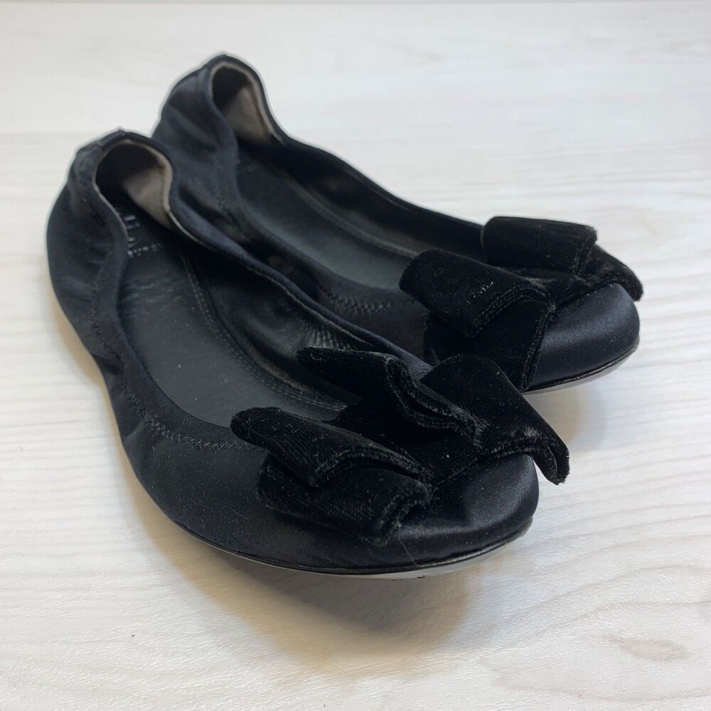 Tory Burch Viola Bow Ballet Flat 9 M US Black Satin Velvet